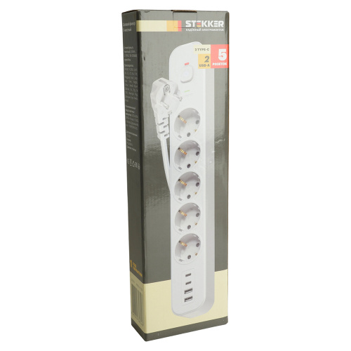 Сетевой фильтр 5-местный с/з STEKKER 3x1мм2, 3 м, 250В, 16А, 2 USB-A+2 Type-C 3, серия Nova, белый фото 9