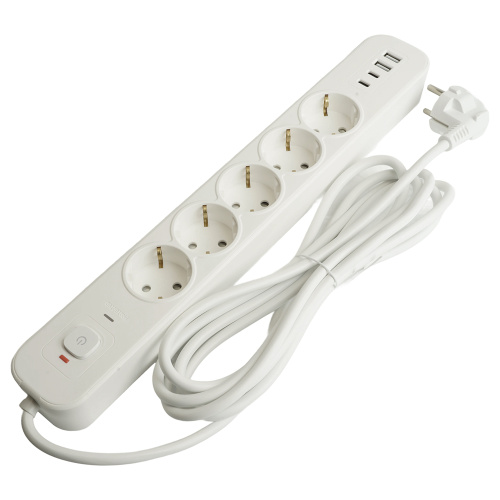 Сетевой фильтр 5-местный с/з STEKKER 3x1мм2, 3 м, 250В, 16А, 2 USB-A+2 Type-C 3, серия Nova, белый фото 3