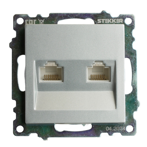 Розетка компьютерная 2-местная RJ-45 (механизм) STEKKER GLS00-7109-03 , серия Катрин, серебро фото 11