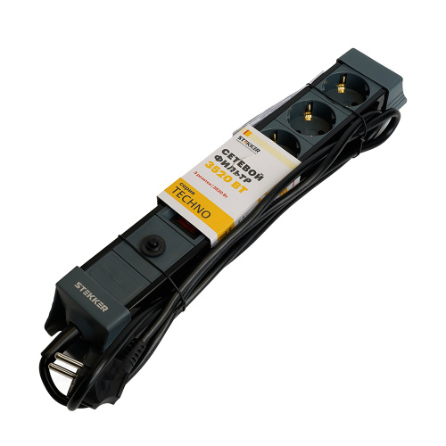 Сетевой фильтр 3-местный с/з STEKKER 3x1мм2, 5 м, 250В, 16А, серия Techno, HM22-31-05, черный фото 8