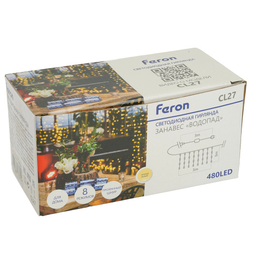 Светодиодная гирлянда Feron CL27 занавес Водопад  3*3м  + 3м 230V 2700K с контроллером, c питанием от сети, прозрачный шнур фото 10