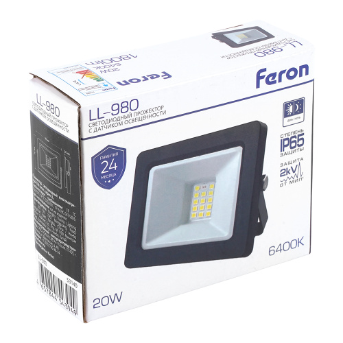 Светодиодный прожектор FERON с датчиком освещенности LL-980 IP65 20W 6400K черный фото 8 Светодиодный прожектор FERON с датчиком освещенности LL-980 IP65 20W 6400K черный фото 8