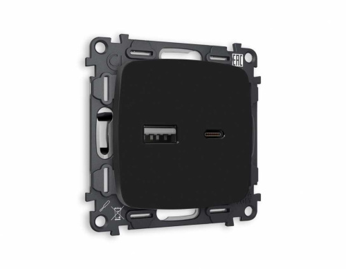 Комплект механизма розетки AMBRELLA VOLT OMEGA Черный матовый 2USB A+C 20W (быстрая зарядка) QUANT (OP8110, VM177) MO811010