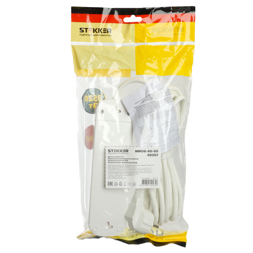Удлинитель  четырехместный c/з STEKKER HM06-40-05 3x1мм2, 5м, серия Home (У10-429), белый фото 8