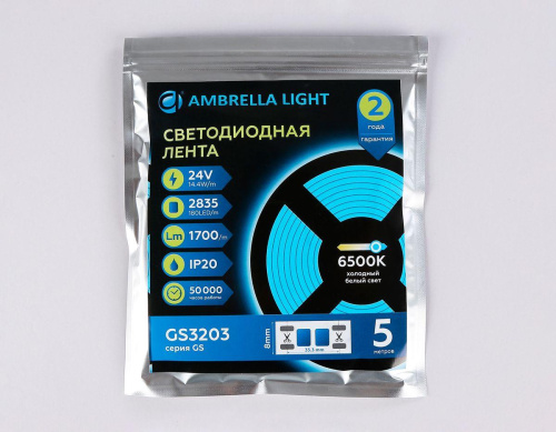 Светодиодная лента Ambrella Light 14,4W/m 180LED/m 2835SMD холодный белый 5M GS3203 фото 6