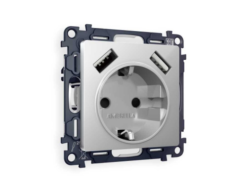 Комплект механизма электрической розетки AMBRELLA VOLT ALFA Серебро глянец 2USB A+A 18W (быстрая зарядка) с/з QUANT (AP4090, VM155)  MA409010