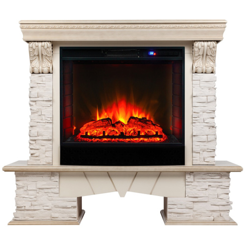 Каминокомплект ROCKLAND LUX/ЧЕЛСИ ЛЮКС Белый дуб с золотой патиной с очагом Электроочаг SPARTA 25.5