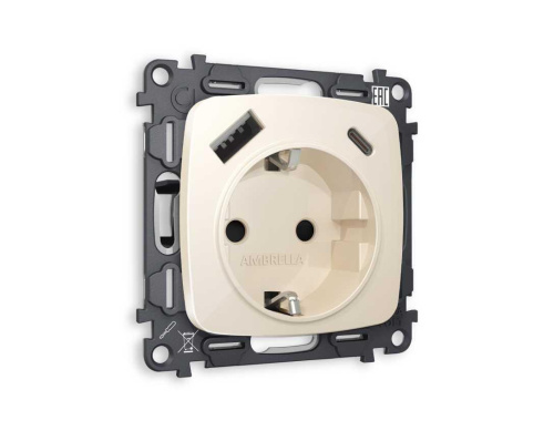 Комплект механизма электрической розетки AMBRELLA VOLT OMEGA Бежевый глянец 2USB A+C 20W (быстрая зарядка) с/з QUANT (OP3100, VM160) MO310010