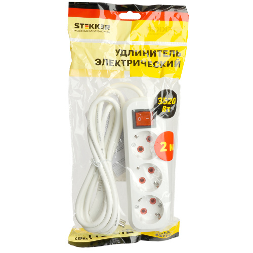 Удлинитель трехместный с/з  с выключ. STEKKER HM07-31-02 3x1мм2, 2м, серия Home (У16А-002), белый фото 6