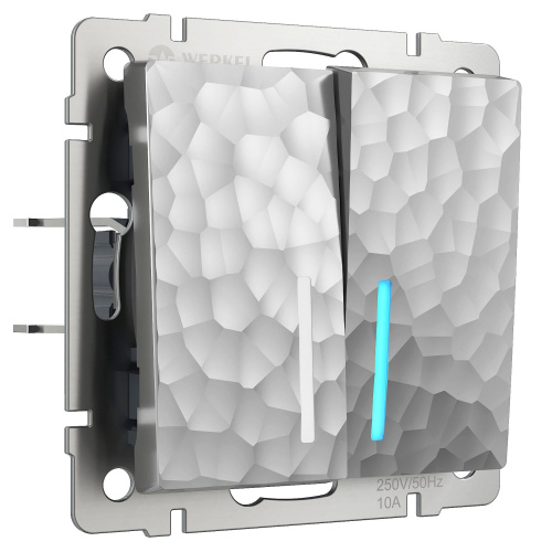 Выключатель двухклавишный с подсветкой (Hammaer серебряный) W1220106 Выключатель двухклавишный с подсветкой (Hammaer серебряный) W1220106