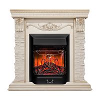 Каминокомплект PATRICIA/АДРИАНА Бежевый дуб с золотой патиной с очагом Электроочаг MAJESTIC LUX RC/МАДЖЕСТИК С ПУЛЬТОМ