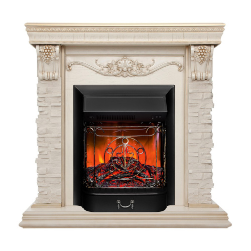 Каминокомплект PATRICIA/АДРИАНА Бежевый дуб с золотой патиной с очагом Электроочаг MAJESTIC LUX RC/МАДЖЕСТИК С ПУЛЬТОМ