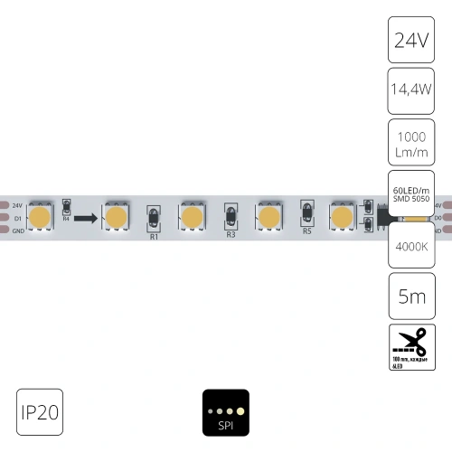 Светодиодная лента 24V 14,4W/m 4000К 5м IP20 Arte Lamp SPI A2406010-04-4K Светодиодная лента 24V 14,4W/m 4000К 5м IP20 Arte Lamp SPI A2406010-04-4K