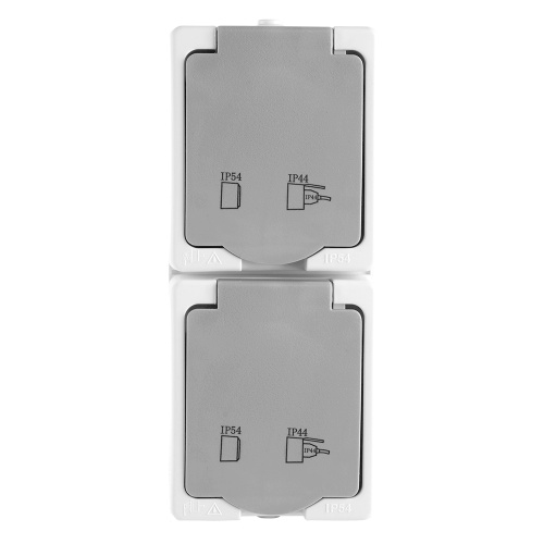 Розетка 2-местная с крышкой с/з STEKKER PST16-22-54V, пластик АВS, 250В, 16А, IP54,  белый/серый фото 4