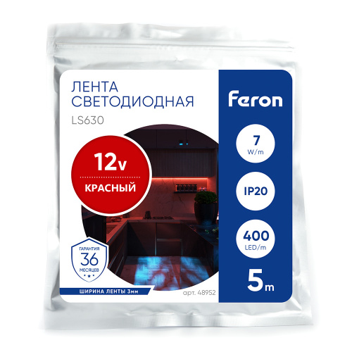 Светодиодная COB лента Feron LS630, 400SMD(2110)/ 7Вт/м 12V 5000*3*1.8мм красный, IP20 фото 5