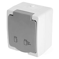 Розетка 1-местная с крышкой с/з STEKKER, PST26-11-54, пластик АВS, 250В, 16А, IP54, белый/серый