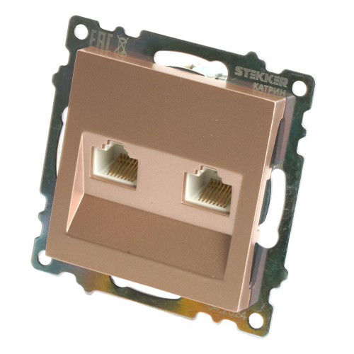 Розетка компьютерная 2-местная RJ-45 (механизм) STEKKER GLS00-7109-02, серия Катрин, шампань фото 2