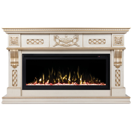 Каминокомплект CORSICA/МАЛАГА Бежевый дуб с золотой патиной с очагом Электроочаг SAPHIR/САПФИР 42