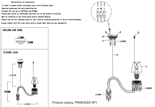 Светильник подвесной Crystal Lux PRINCESS SP1 фото 11