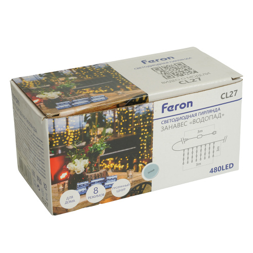 Светодиодная гирлянда Feron CL27 занавес Водопад  3*3м  + 3м 230V 5000K с контроллером, c питанием от сети, прозрачный шнур фото 10