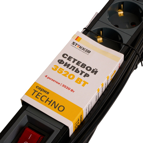 Сетевой фильтр 4-местный с/з STEKKER 3x1мм2, 3 м, 250В, 16А, серия Techno, HM22-41-03, черный фото 9