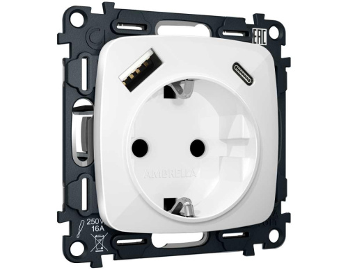 Комплект механизма электрической розетки Ambrella Volt OMEGA Белый глянец 2USB A+C 20W (быстрая зарядка) с/з QUANT (OP1100, VM160) MO110010 Комплект механизма электрической розетки Ambrella Volt OMEGA Белый глянец 2USB A+C 20W (быстрая зарядка) с/з QUANT (OP1100, VM160) MO110010