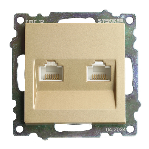 Розетка компьютерная 2-местная RJ-45 (механизм) STEKKER GLS00-7109-08, серия Катрин, золото фото 6