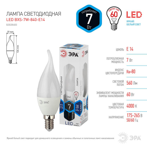 Лампа светодиодная ЭРА E14 7W 4000K матовая LED BXS-7W-840-E14 Б0028483 фото 2
