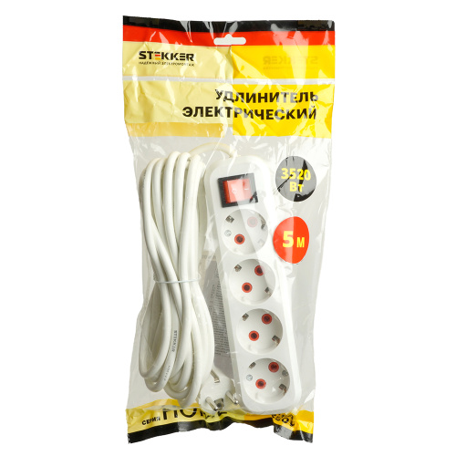 Удлинитель четырехместный с/з  с выключ. STEKKER HM07-41-05 3x1мм2, 5м, (У16А-003)  серия Home , белый фото 9