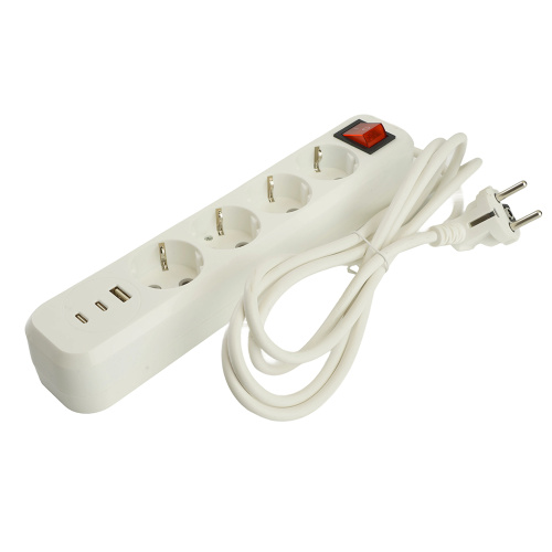 Удлинитель 4-местный с/з с выключ. STEKKER HM071-41-02 3x1мм2, 2м, 250В, 16А, 1USB+2C, 2.4A, сер Home, белый фото 2 Удлинитель 4-местный с/з с выключ. STEKKER HM071-41-02 3x1мм2, 2м, 250В, 16А, 1USB+2C, 2.4A, сер Home, белый фото 2