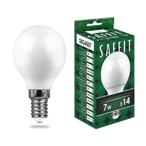 Лампа светодиодная SAFFIT SBG4507 Шарик E14 7W 230V 2700K Лампа светодиодная SAFFIT SBG4507 Шарик E14 7W 230V 2700K