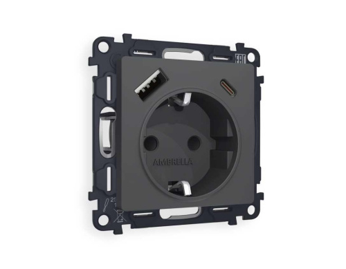 Комплект механизма электрической розетки AMBRELLA VOLT ALFA Графит мягкое касание 2USB A+C 20W (быстрая зарядка) с/з QUANT (AP9100, VM160) MA910010 Комплект механизма электрической розетки AMBRELLA VOLT ALFA Графит мягкое касание 2USB A+C 20W (быстрая зарядка) с/з QUANT (AP9100, VM160) MA910010