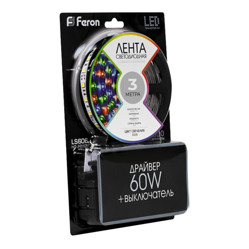 Светодиодная LED лента Feron LS606, 60SMD(5050)/m 14.4W/m 12V 3m RGB с адаптером с вилкой, контроллером с пультом в комплекте фото 3