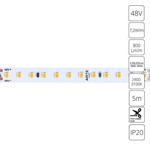 Светодиодная лента 48V 7,2W/m 3000К 5м Arte Lamp TAPE A4812010-01-3K Светодиодная лента 48V 7,2W/m 3000К 5м Arte Lamp TAPE A4812010-01-3K