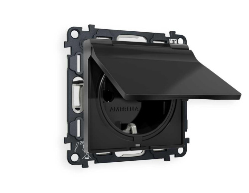 Комплект механизма электрической розетки AMBRELLA VOLT ALFA Черный матовый с/з с шторками и крышкой IP44 QUANT (AP8080, VM141) MA808010