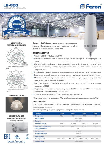 Лампа светодиодная Feron LB-650 E27-E40 60W 6400K фото 2 Лампа светодиодная Feron LB-650 E27-E40 60W 6400K фото 2