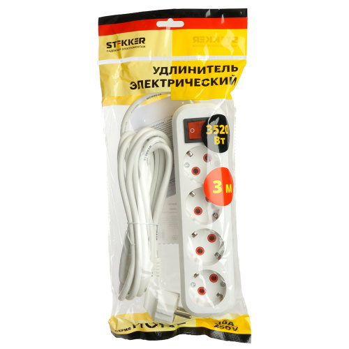 Удлинитель четырехместный с/з  с выключ. STEKKER HM07-41-03 3x1мм2, 3м, серия Home (У16А-003), белый фото 10