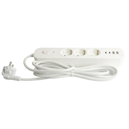 Сетевой фильтр 3-местный с/з STEKKER 3x1мм2, 1,8 м, 250В, 16А, 2 USB-A+2 Type-C, серия Nova, белый фото 4