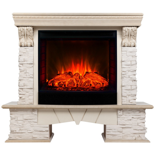 Каминокомплект ROCKLAND LUX/ЧЕЛСИ ЛЮКС Белый дуб с золотой патиной с очагом Электроочаг EVRIKA 25.5