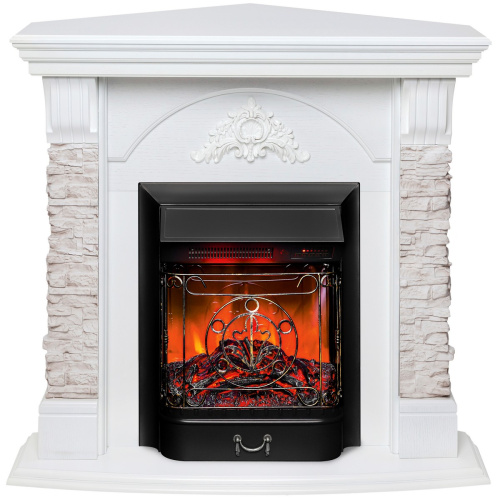 Каминокомплект ATHENA CORNER/АТЛАНТА УГЛ. GR Белый дуб с очагом Электроочаг MAJESTIC LUX RC/МАДЖЕСТИК С ПУЛЬТОМ