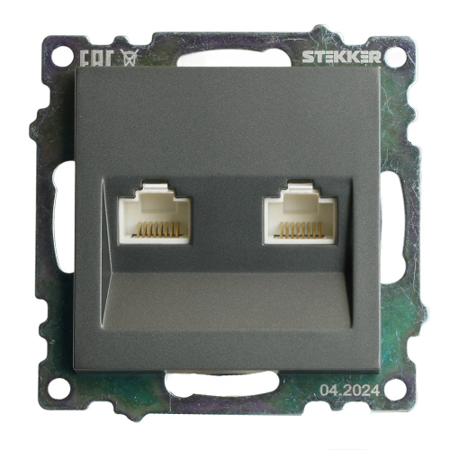 Розетка компьютерная 2-местная RJ-45 (механизм) STEKKER GLS00-7109-06 , серия Катрин, графит фото 7