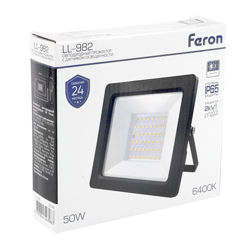 Светодиодный прожектор FERON с датчиком освещенности LL-982 IP65 50W 6400K черный фото 7 Светодиодный прожектор FERON с датчиком освещенности LL-982 IP65 50W 6400K черный фото 7