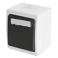 Выключатель 1-клавишный с окном для маркировки самовозвратный STEKKER, PSW10-114-54, открытой установки, 250В, 10А, IP54, серый/графит