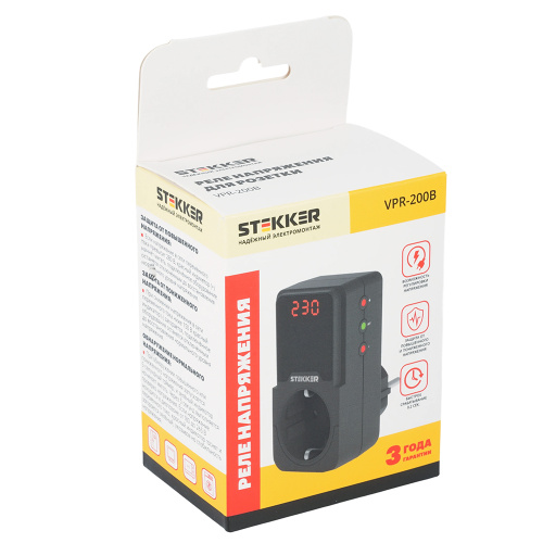 Реле напряжения для розетки регулируемое  STEKKER  VPR-200B, 230В,16A,черный фото 2