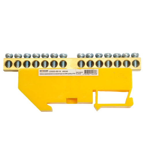 Шина"PE" на изоляторе STEKKER 6*9 на DIN-рейку 14 выводов, желтый, LD555-69-14 фото 3