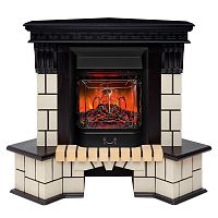 Каминокомплект STONE CORNER/СТОУН УГЛ. Античный дуб с очагом Электроочаг MAJESTIC LUX RC/МАДЖЕСТИК С ПУЛЬТОМ