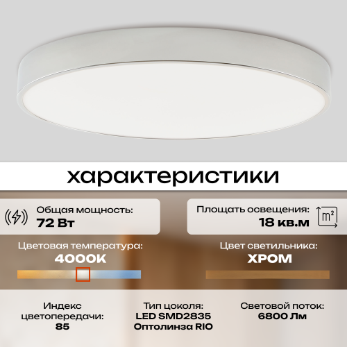 Светильник потолочный накладной LED хром 72Вт D50см Zortes TORTTY ZRS.02565.72 фото 7 Светильник потолочный накладной LED хром 72Вт D50см Zortes TORTTY ZRS.02565.72 фото 7