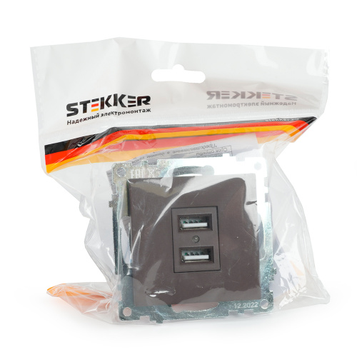 Розетка USB 2-местная (механизм), STEKKER GLS10-7115-04, 250B, 2,1А, серия Катрин, шоколад фото 5
