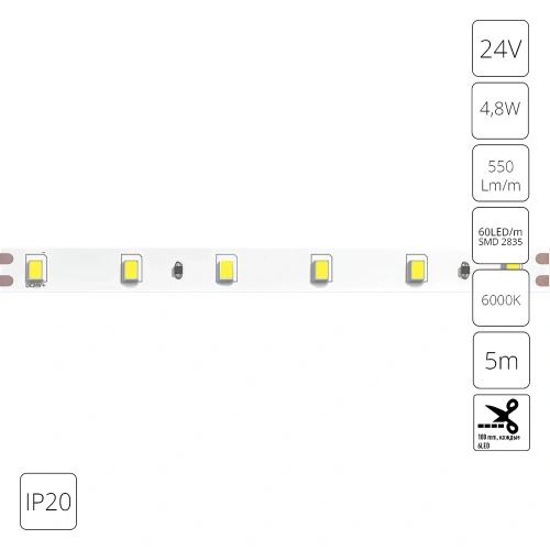 Светодиодная лента 24V 4,8W/m 6000К 5м IP20 Arte Lamp TAPE A2406008-03-6K Светодиодная лента 24V 4,8W/m 6000К 5м IP20 Arte Lamp TAPE A2406008-03-6K