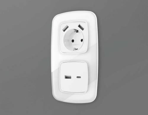Комплект механизма розетки Ambrella Volt OMEGA Белый глянец 2USB A+C 20W (быстрая зарядка) QUANT (OP1110, VM177) MO111010 фото 2 Комплект механизма розетки Ambrella Volt OMEGA Белый глянец 2USB A+C 20W (быстрая зарядка) QUANT (OP1110, VM177) MO111010 фото 2